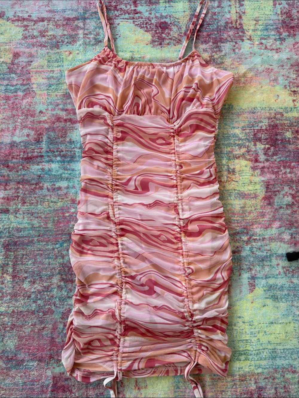 💜Almost Famous Pink & Peach Marble Ruched Slip Dress